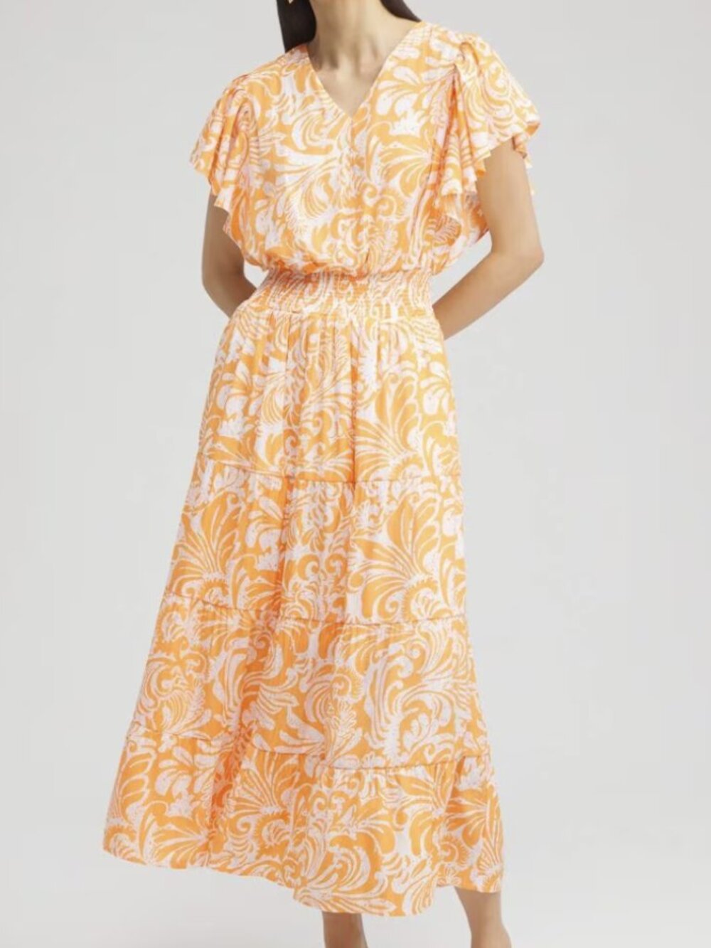 Chico's Size 20 Dress  Flutter Sleeve Tiered Maxi Color Nectarine